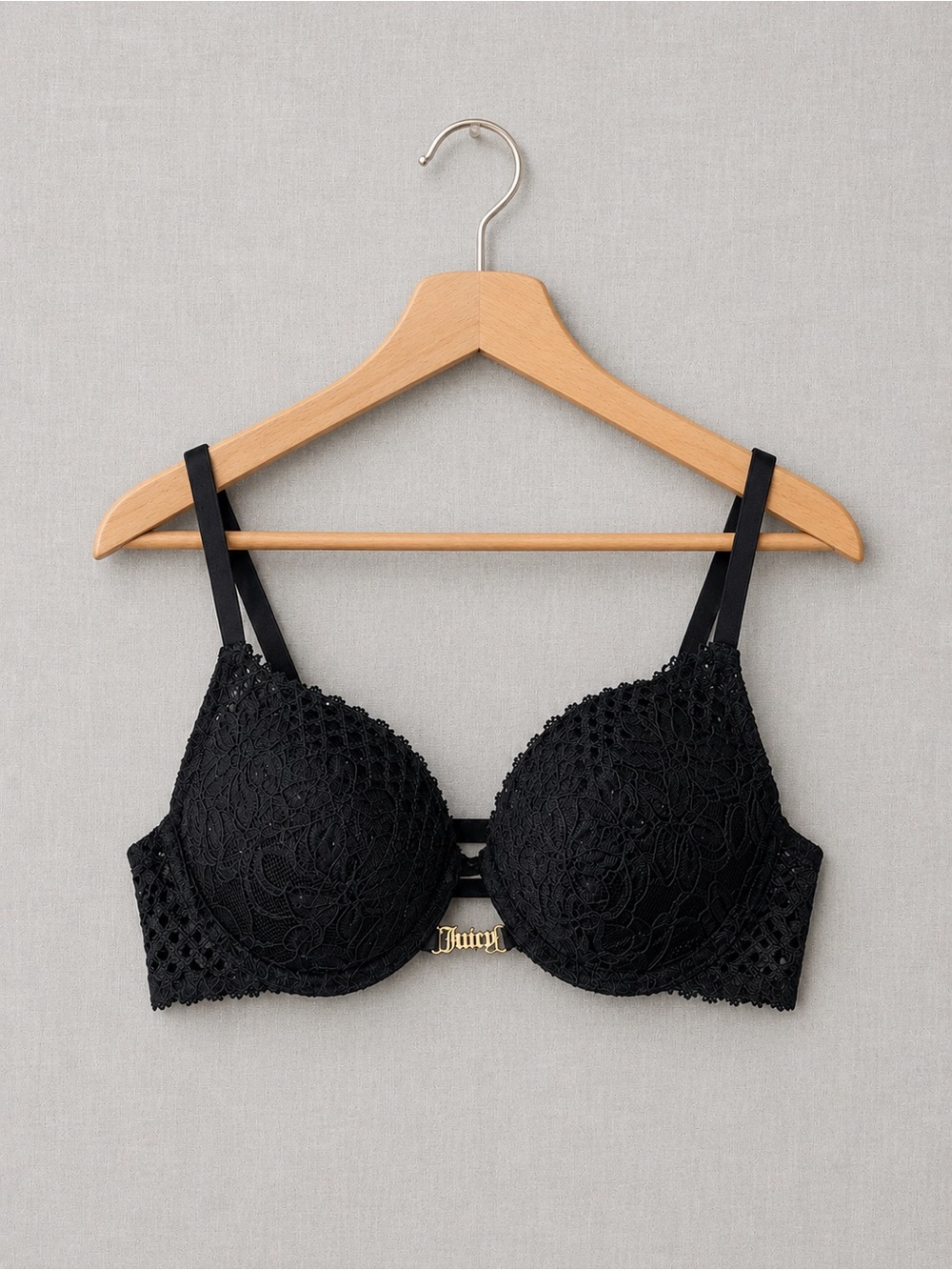 🍒3/33$ 👑Juicy Couture Black Lace Push-Up Bra with Gold Logo Accent